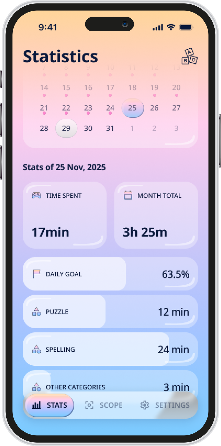 The FoxieLearn parent dashboard showing time spent, daily goal, and activity by subject